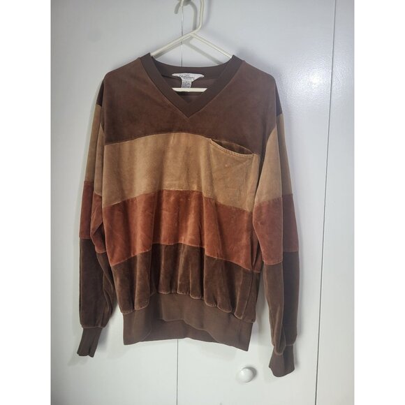 Oleg Cassini Tops - VTG OLEG CASSINI SZ LG Colorblock Brown Velour Pullover Top V Neck y2k 90s